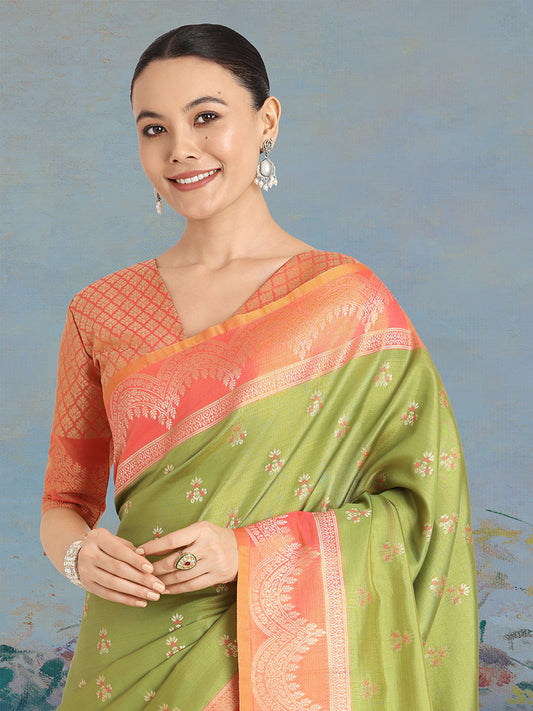 Olive green Banarasi Weaving Tissue Silk Indian Wear Saree