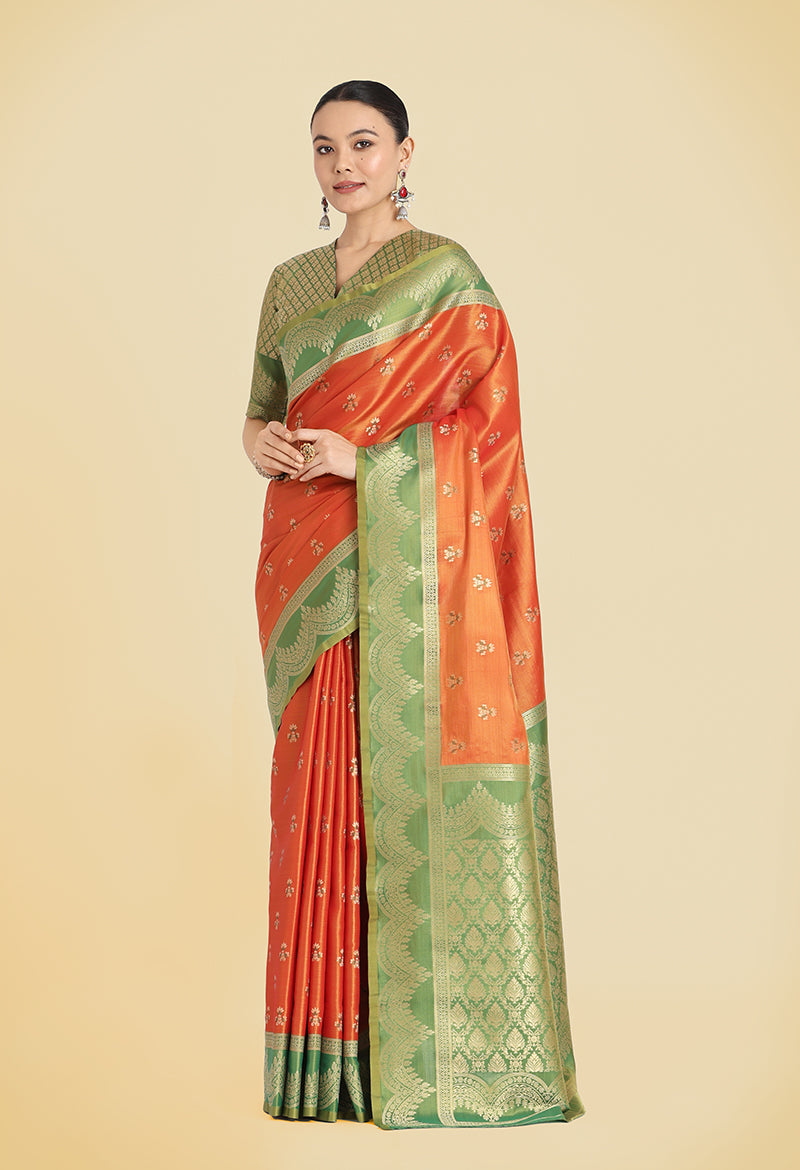 Orange Banarasi Weaving Tissue Silk Indian Wear Saree