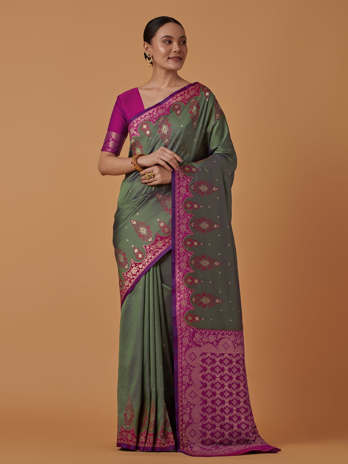 Olive Green Banarasi Silk Blend Zari Woven Contemporary Saree