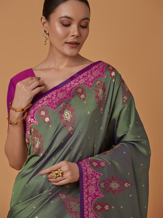 Olive Green Banarasi Silk Blend Zari Woven Contemporary Saree