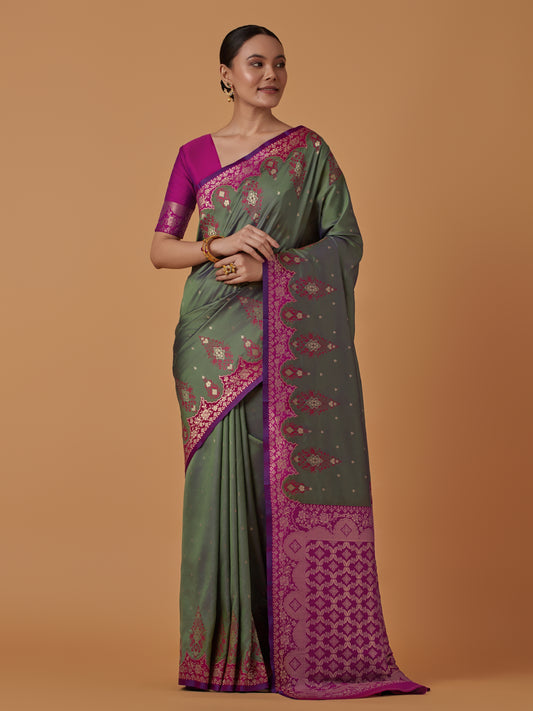 Olive Green Banarasi Silk Blend Zari Woven Contemporary Saree