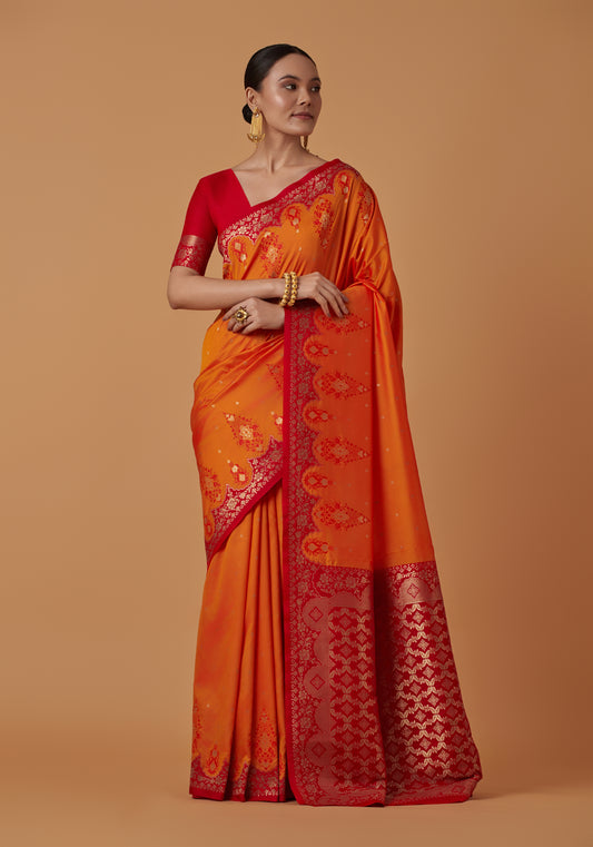 Orange Banarasi Silk Blend Zari Woven Contemporary Saree