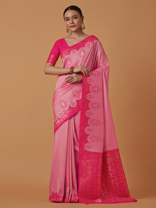 Pink Banarasi Silk Blend Zari Woven Contemporary Saree