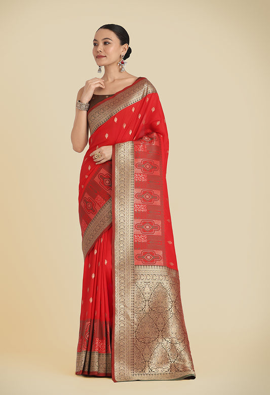 Red Banarasi Soft Silk Zari Work Trendy Saree