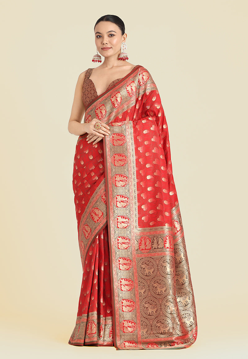Red Banarasi Silk Weaving Work Traditional Saree