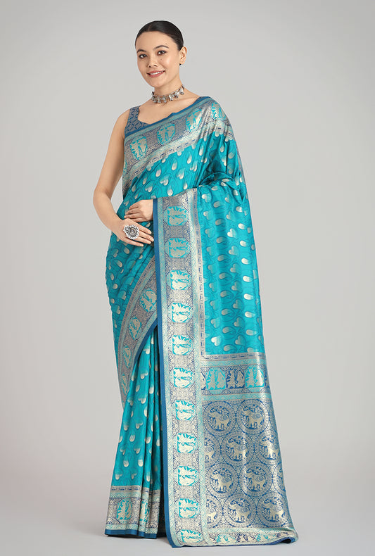 Cyan Banarasi Silk Weaving Work Traditional Saree