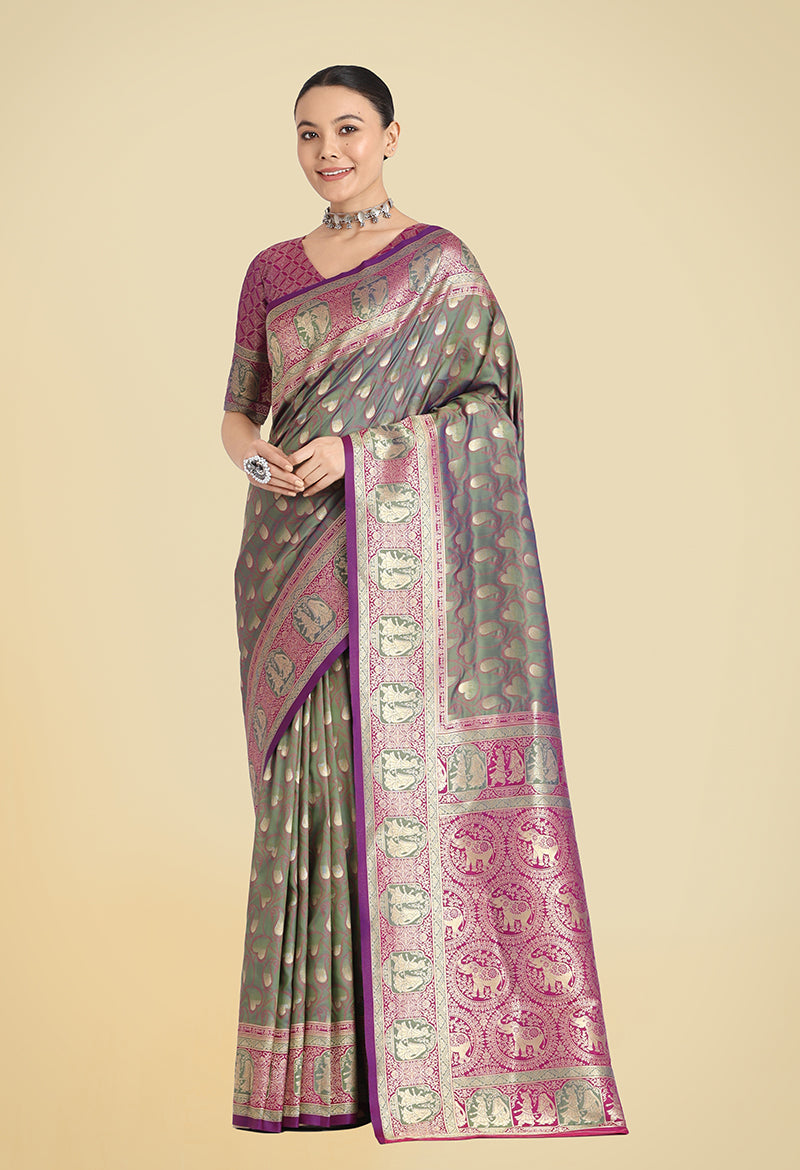 Olive Green Banarasi Silk Weaving Work Traditional Saree
