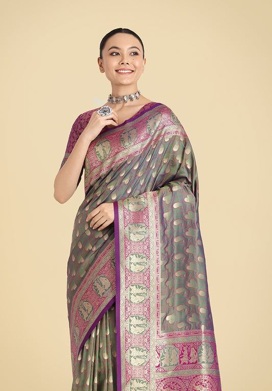 Olive Green Banarasi Silk Weaving Work Traditional Saree