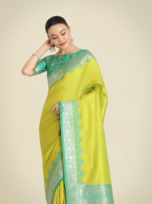 Lemon Green Banarasi Soft Silk Butti & Zari Weave Tradition Saree