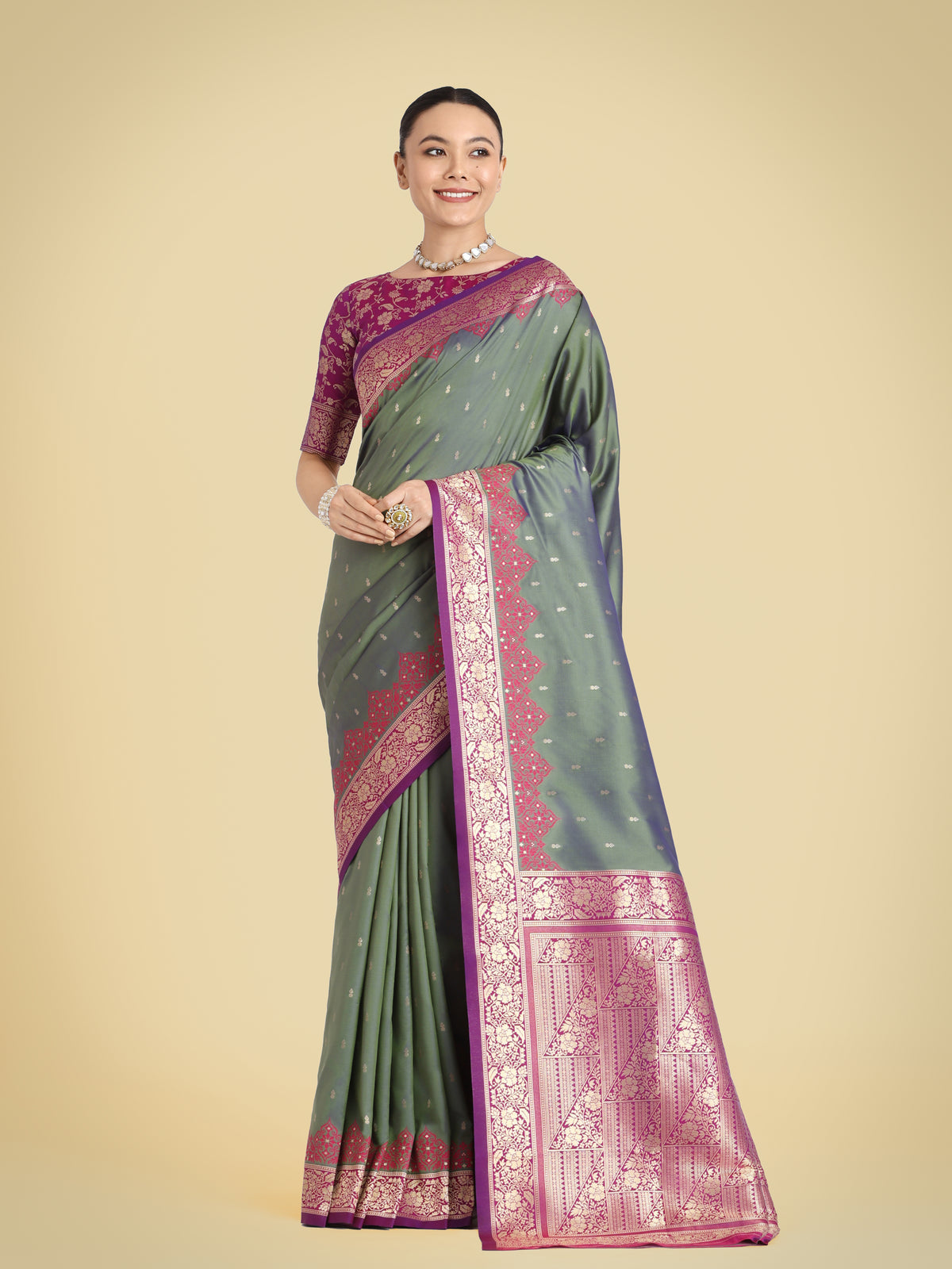 Olive Green Banarasi Soft Silk Butti & Zari Weave Tradition Saree