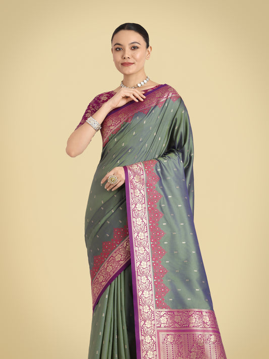 Olive Green Banarasi Soft Silk Butti & Zari Weave Tradition Saree