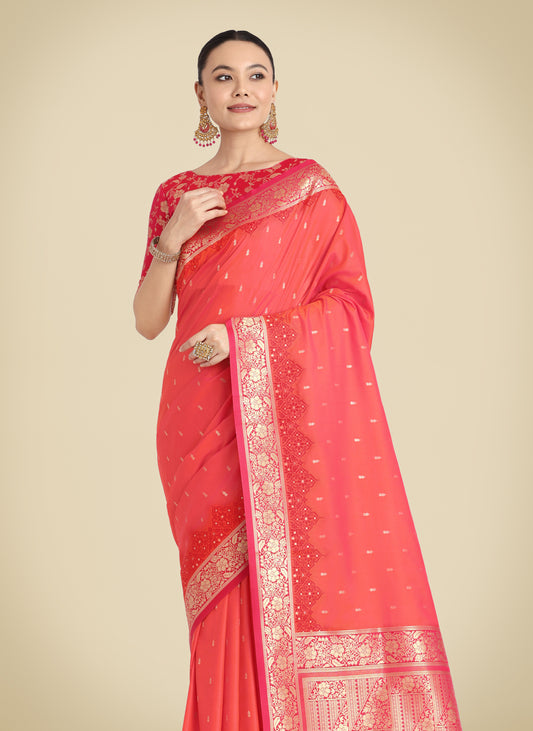 Coral Banarasi Soft Silk Butti & Zari Weave Tradition Saree