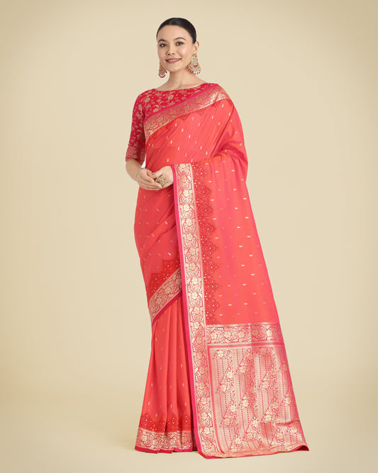 Coral Banarasi Soft Silk Butti & Zari Weave Tradition Saree