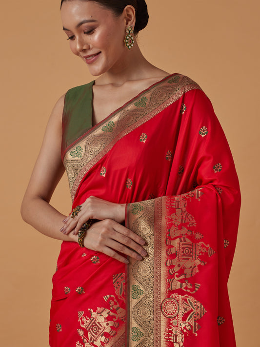 Red Banarasi Silk Dulha Dulhan Zari Woven Saree