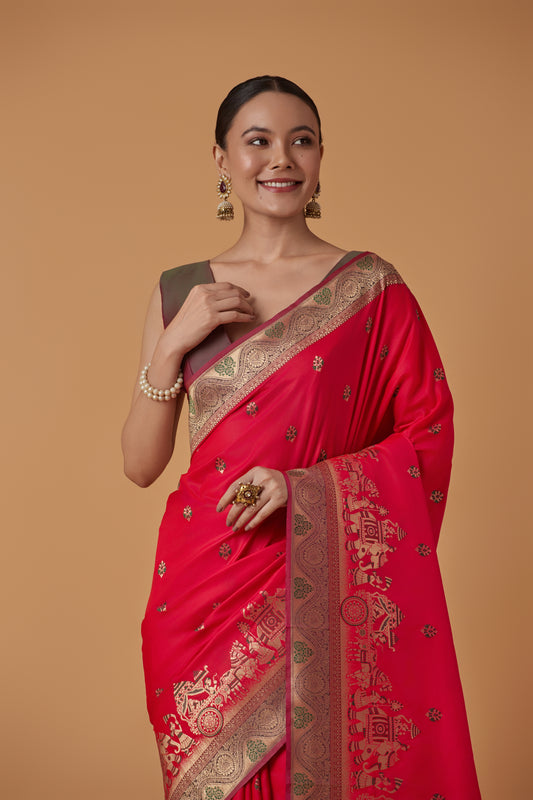Dark Pink Banarasi Silk Dulha Dulhan Zari Woven Saree