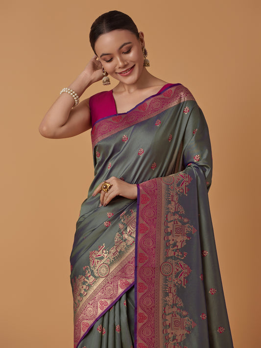 Olive Green Banarasi Silk Dulha Dulhan Zari Woven Saree