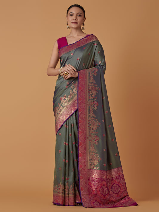 Olive Green Banarasi Silk Dulha Dulhan Zari Woven Saree