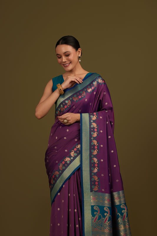 Dark Purple Banarasi Silk Blend Paisley Zari Pallu Saree