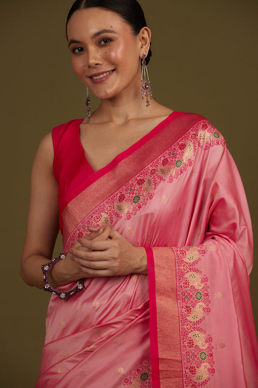 Light Pink Banarasi Silk Blend Paisley Zari Pallu Saree