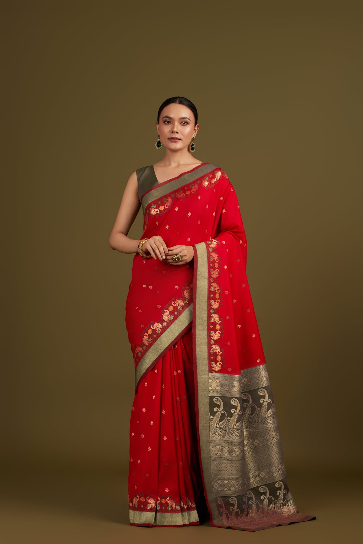 Red Banarasi Silk Blend Paisley Zari Pallu Saree