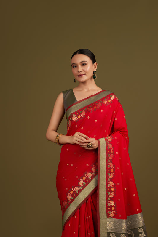 Red Banarasi Silk Blend Paisley Zari Pallu Saree