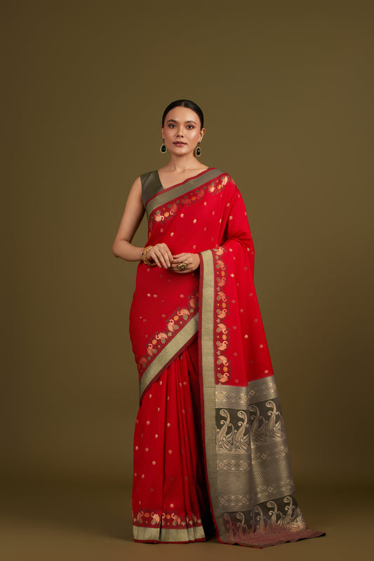 Red Banarasi Silk Blend Paisley Zari Pallu Saree