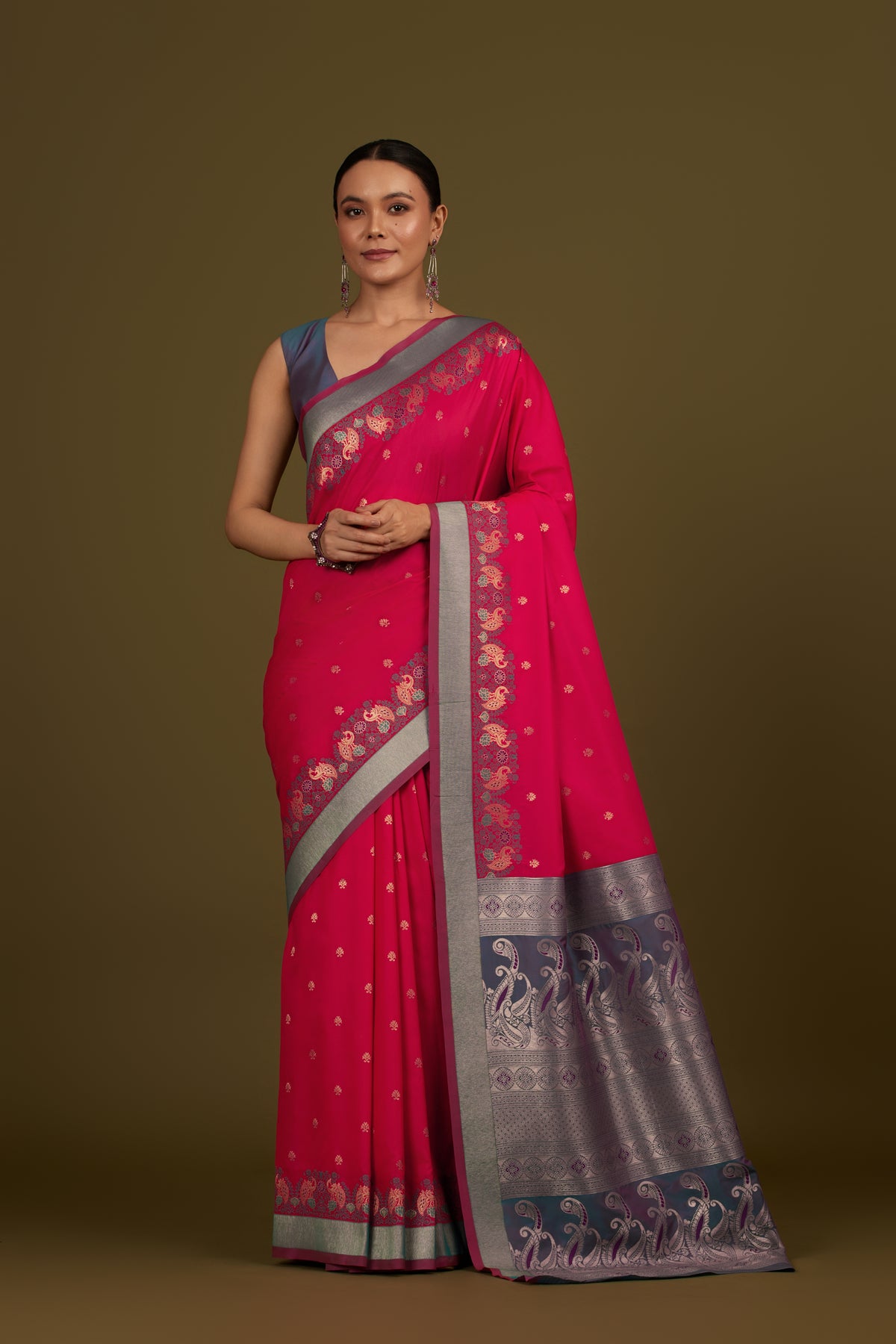 Dark Pink Banarasi Silk Blend Paisley Zari Pallu Saree