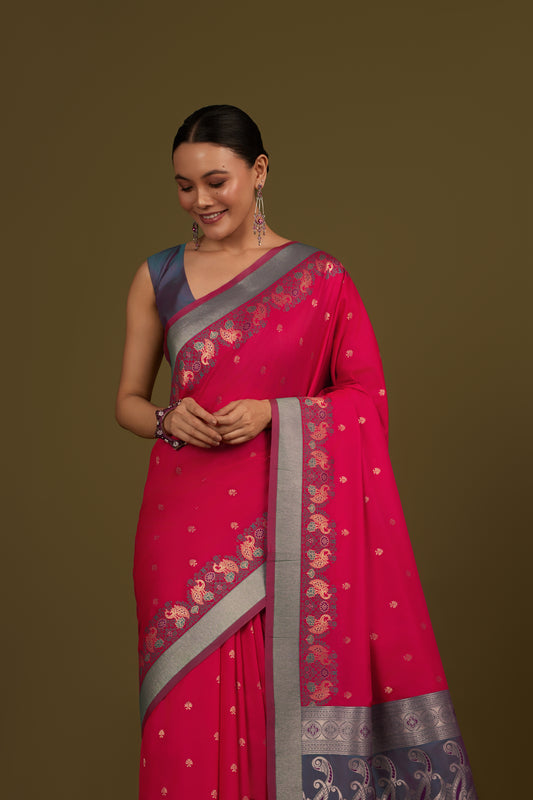 Dark Pink Banarasi Silk Blend Paisley Zari Pallu Saree