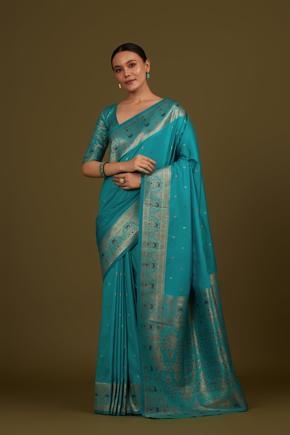 Cyan Banarasi Silk Blend Brocade Motifs Zari Woven Saree