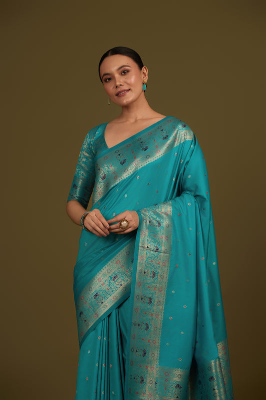Cyan Banarasi Silk Blend Brocade Motifs Zari Woven Saree