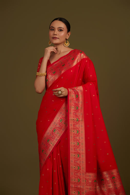 Red Banarasi Silk Blend Brocade Motifs Zari Woven Saree
