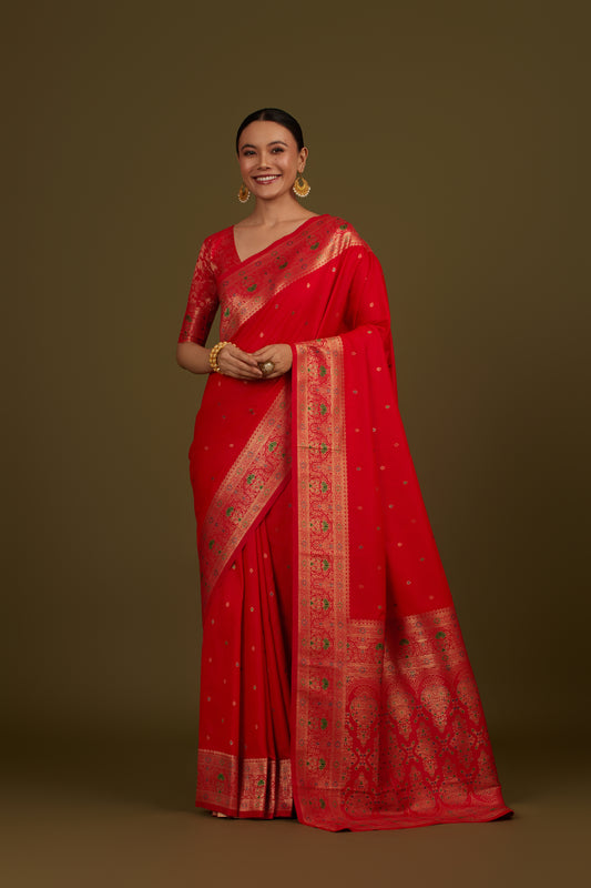 Red Banarasi Silk Blend Brocade Motifs Zari Woven Saree