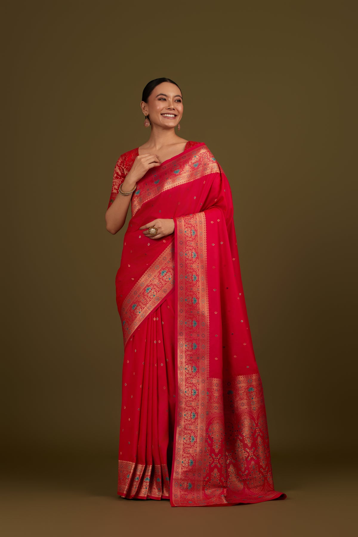 Dark Pink Banarasi Silk Blend Brocade Motifs Zari Woven Saree