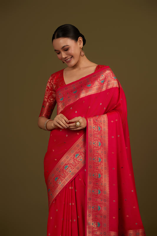 Dark Pink Banarasi Silk Blend Brocade Motifs Zari Woven Saree
