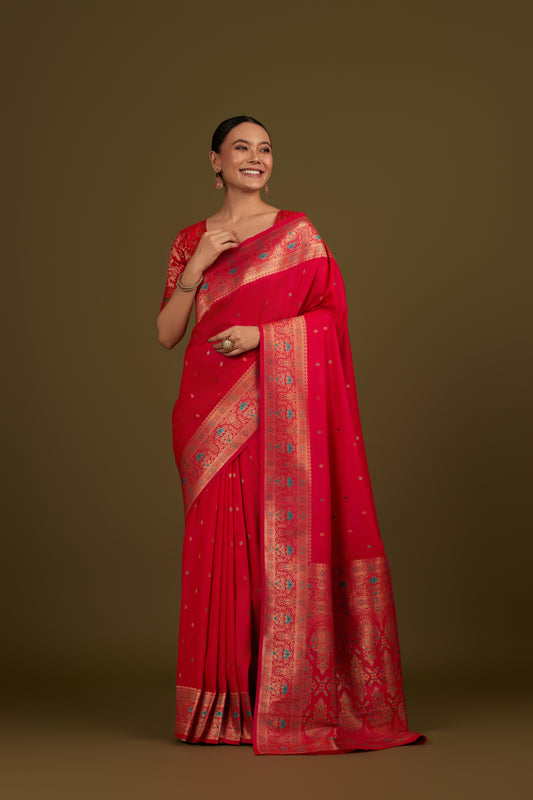 Dark Pink Banarasi Silk Blend Brocade Motifs Zari Woven Saree