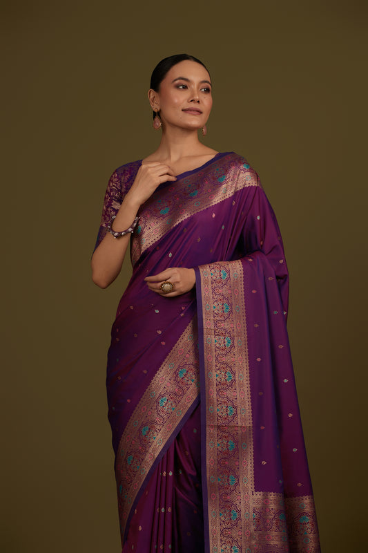 Purple Banarasi Silk Blend Brocade Motifs Zari Woven Saree