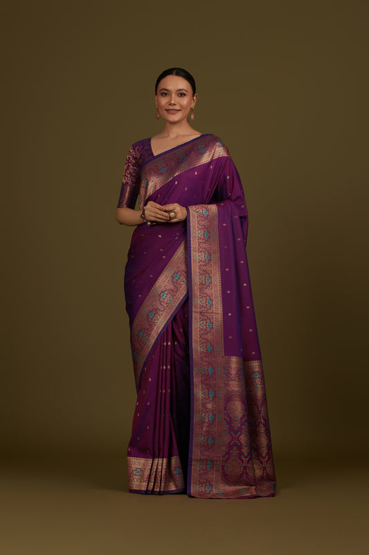 Purple Banarasi Silk Blend Brocade Motifs Zari Woven Saree