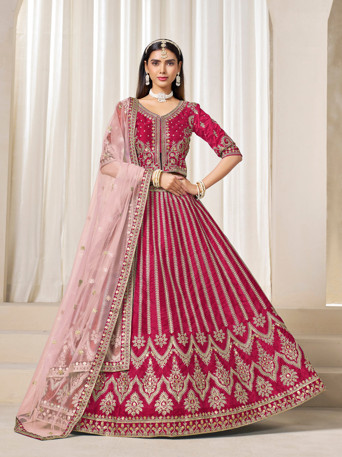 Embroidered Rani Pink Art Silk Designer Long Lehenga Choli
