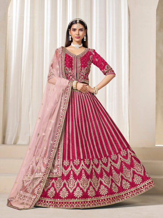 Embroidered Rani Pink Art Silk Designer Long Lehenga Choli