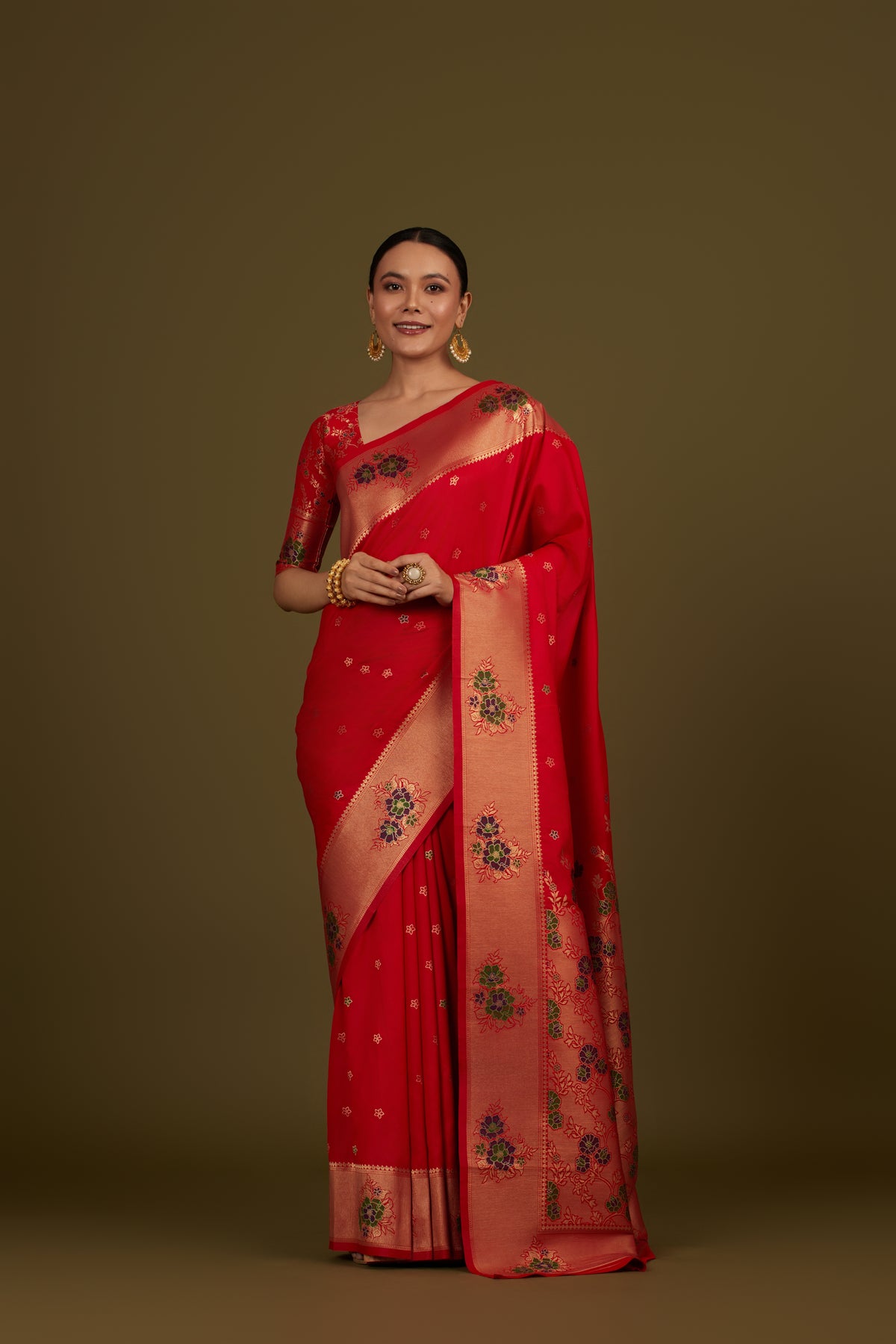 Red Silk Blend Zari Woven Classic Saree