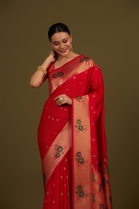 Red Silk Blend Zari Woven Classic Saree