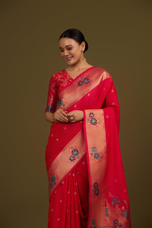 Pink Silk Blend Zari Woven Classic Saree