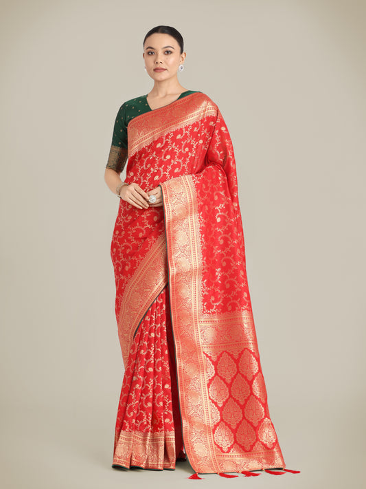 Red Banarasi Silk Zari Weaving Work Classic Saree
