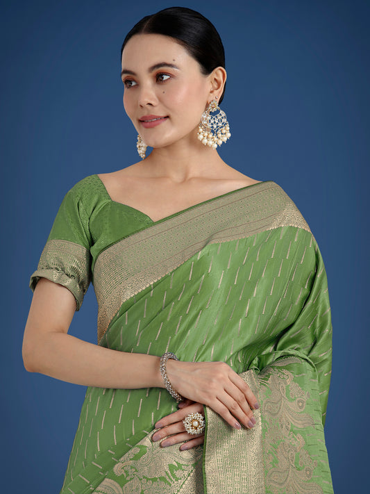 Dusty Green Weaving Banarasi Satin Silk Trendy Saree For Festival