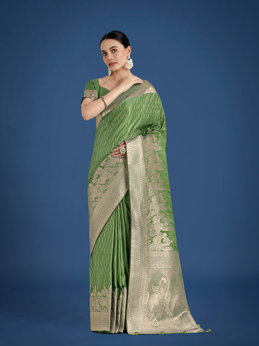 Dusty Green Weaving Banarasi Satin Silk Trendy Saree For Festival
