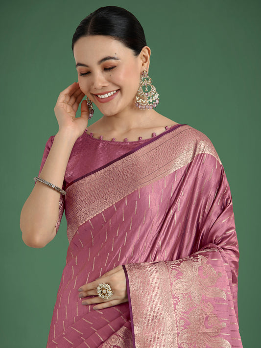 Dusty Rose Pink Weaving Banarasi Satin Silk Trendy Saree For Festival