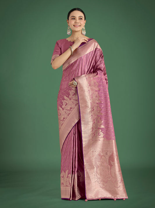 Dusty Rose Pink Weaving Banarasi Satin Silk Trendy Saree For Festival