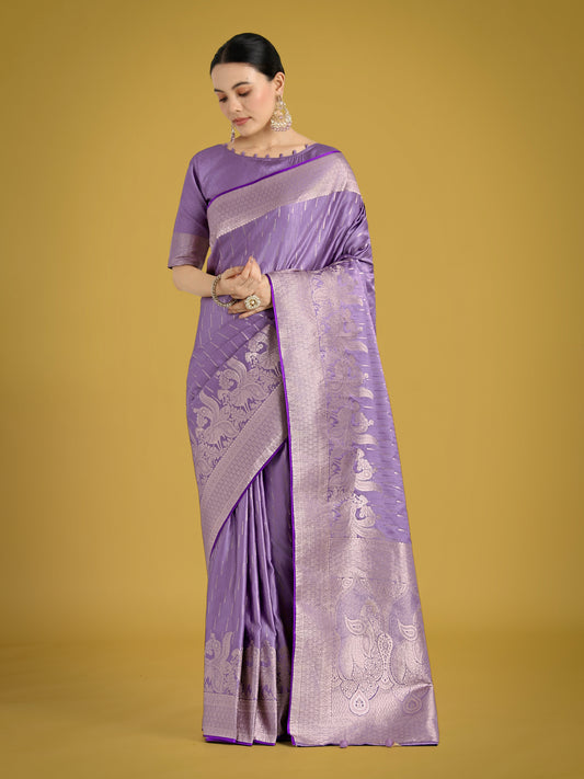 Dusty Lavender Weaving Banarasi Satin Silk Trendy Saree For Festival