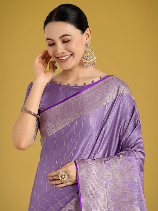 Dusty Lavender Weaving Banarasi Satin Silk Trendy Saree For Festival