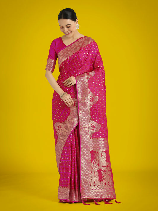 Gorgeous Rani Pink Woven Banarasi Satin Designer Silk Saree